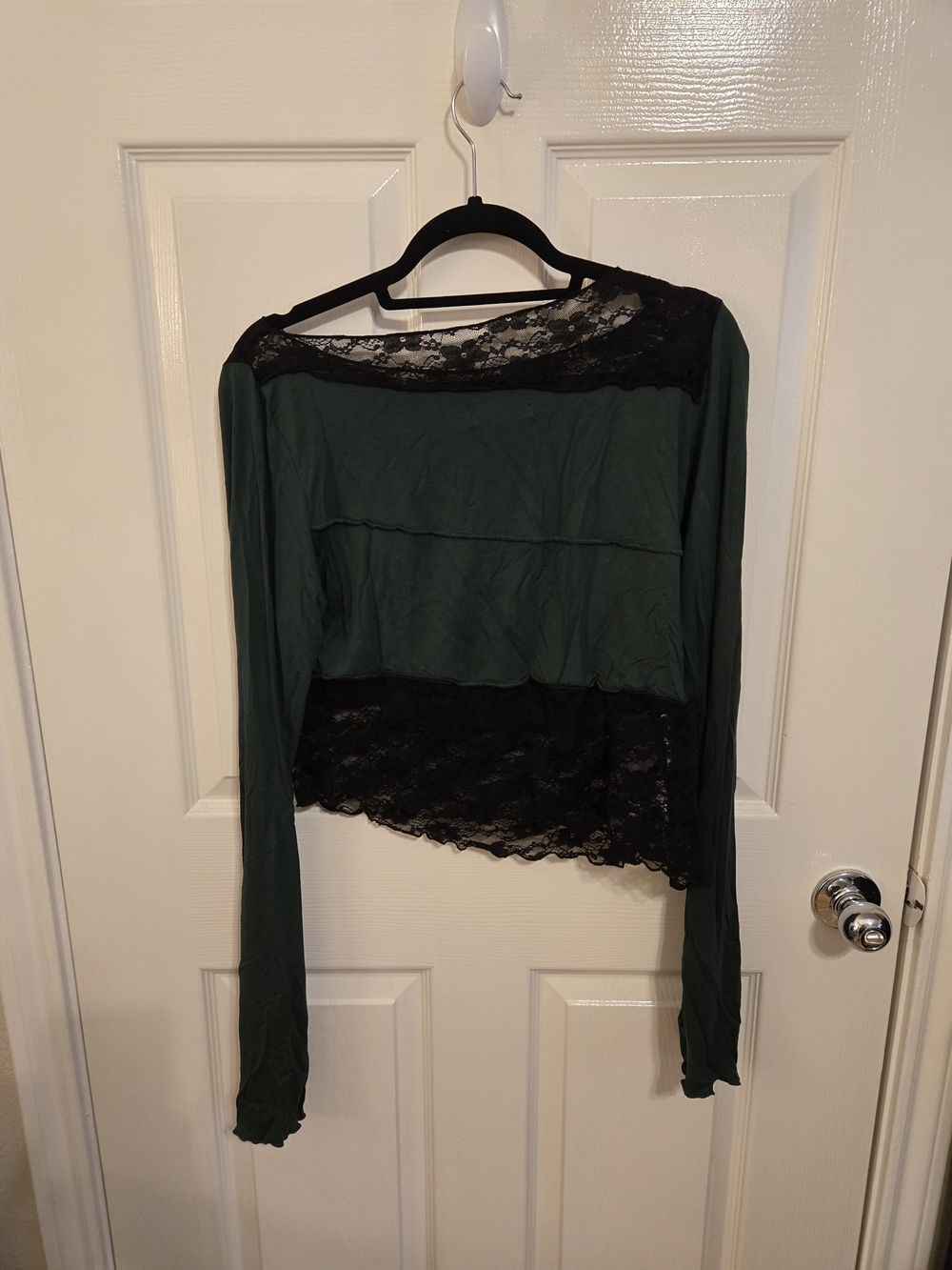 silence + noise Lucia Splice Emerald Green Long Sleeve Top with Black Lace